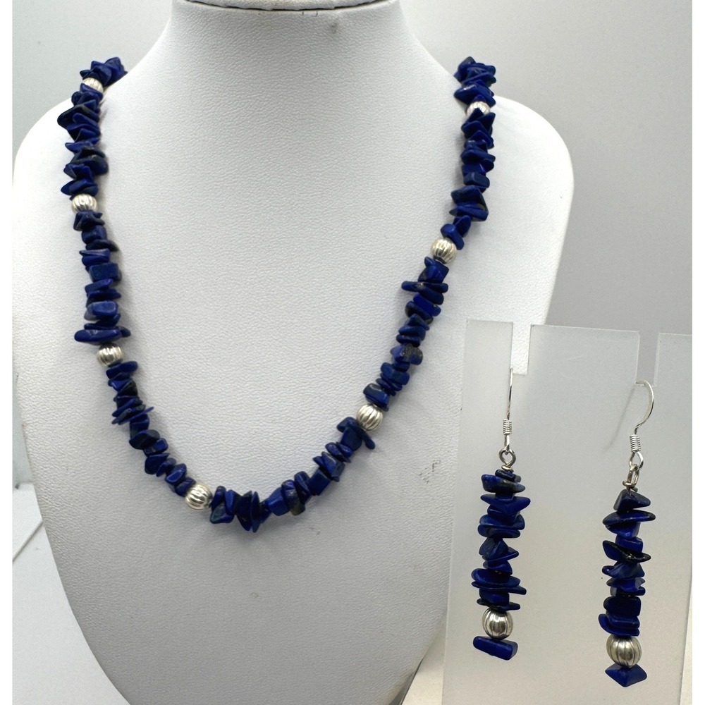 Lapis Lazuli Chip Bead Necklace and Earring Set Blue Silver Tone Southwestern